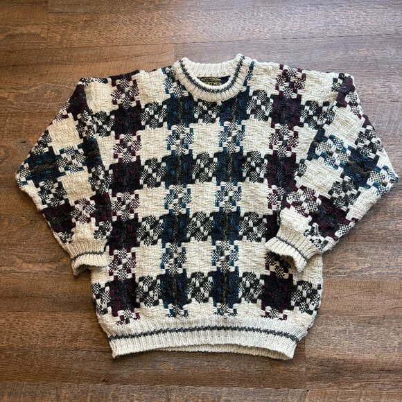 VTG Rey Wear Unisex Ecuador Unique Chunky Wool Hand Knit Sweater Artisan Sz L(?)